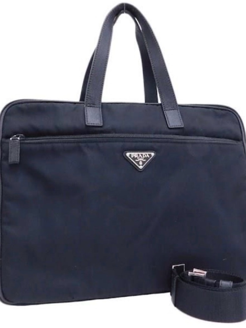 Prada Black Nylon Laptop Briefcase with Shoulder Strap callout handles